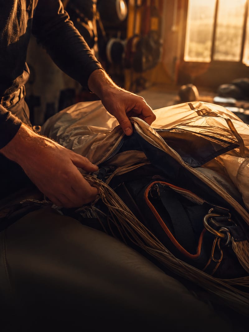 Pliage d'un parachute à l'atelier